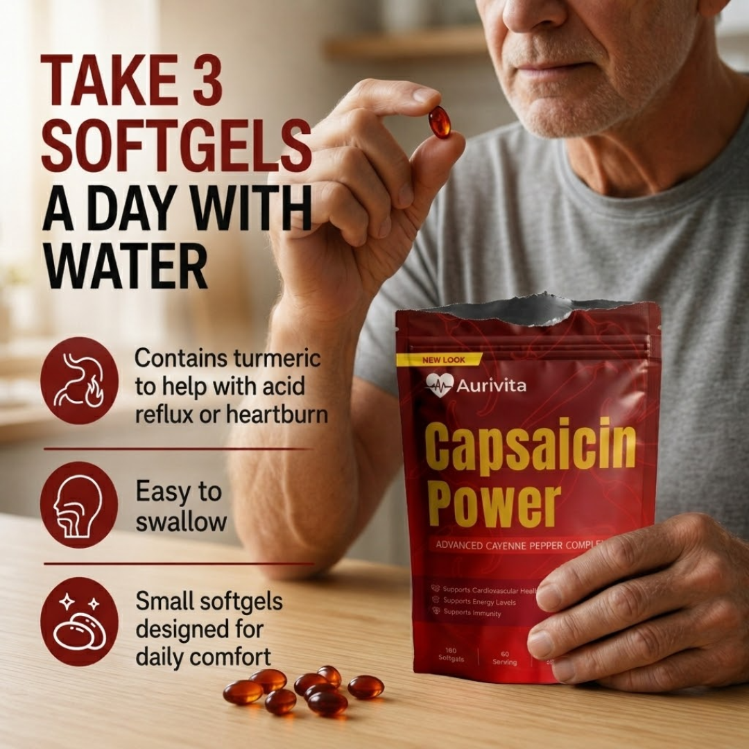 Man holding Aurrvita Capsaicin Power supplement package with softgels on a table.