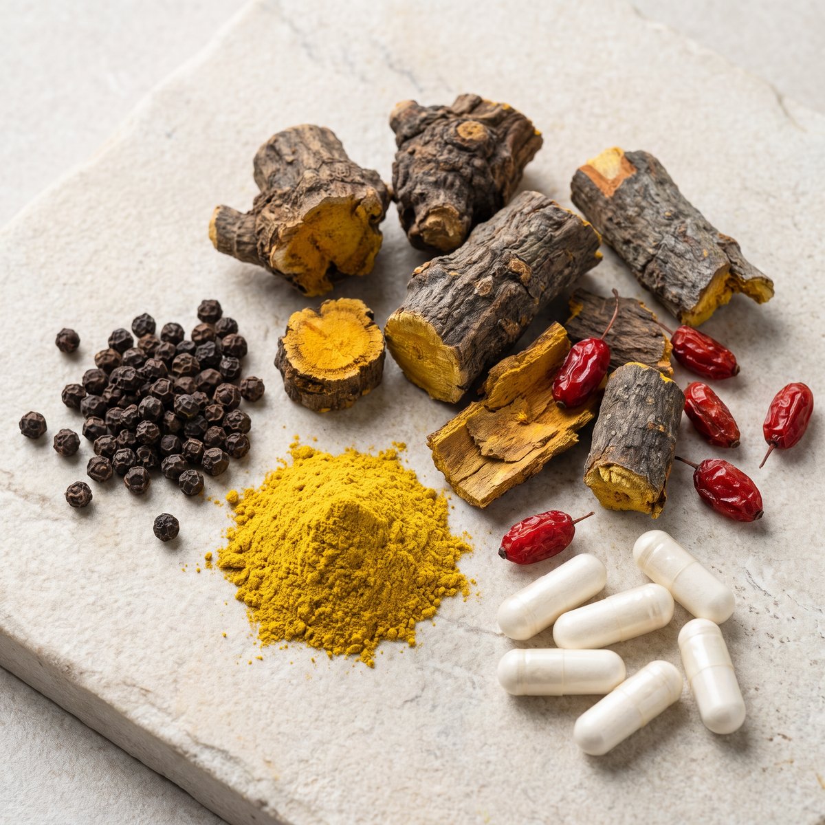 Berberine root and bark, black peppercorns and white capsules
