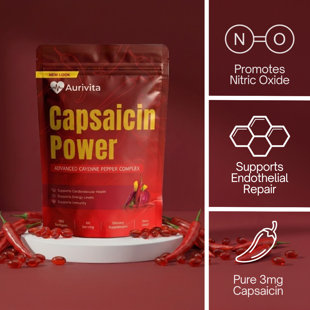 Aurivita Capsaicin Power supplement package with red peppers on a red background