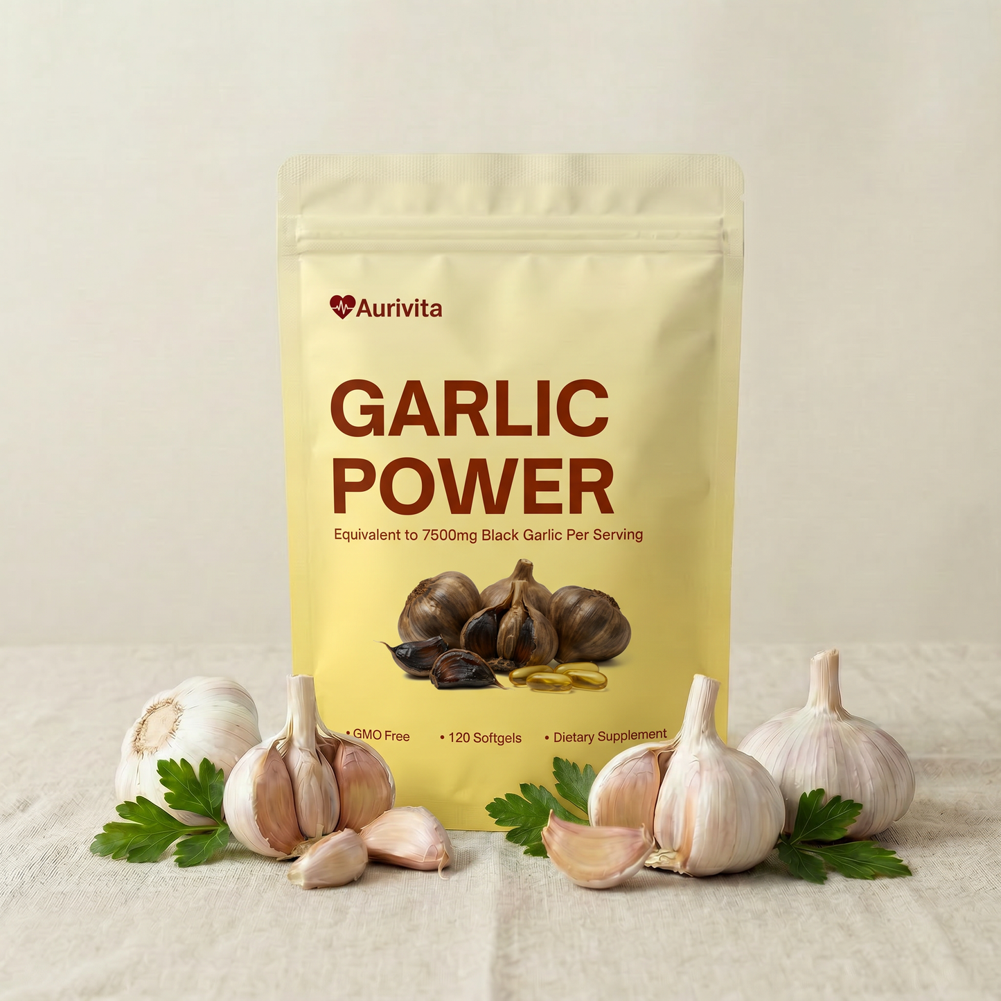 Aurivita Garlic Power supplement package with garlic bulbs on a light background