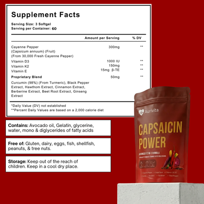 Aurivita Capsaicin Power supplement packaging with supplement facts on a red background