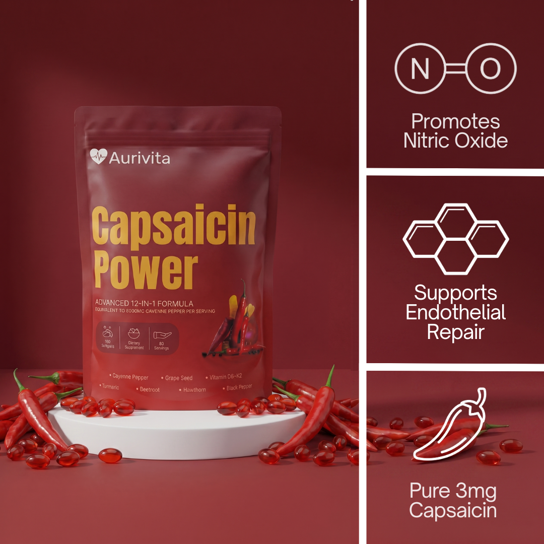 Aurivita Capsaicin Power package with chili peppers on a red background