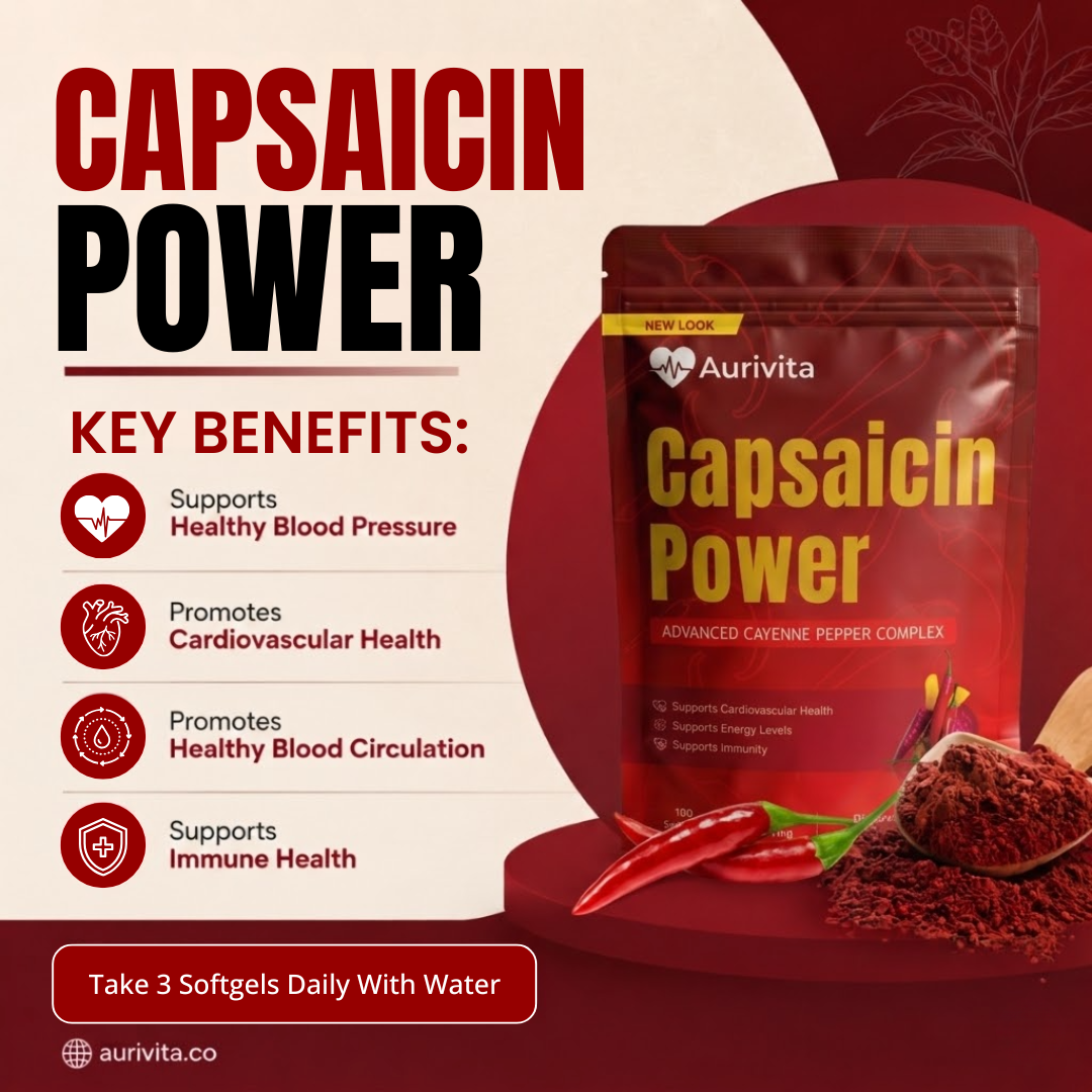 Aurivita Capsaicin Power supplement package with key benefits listed on a red and beige background.