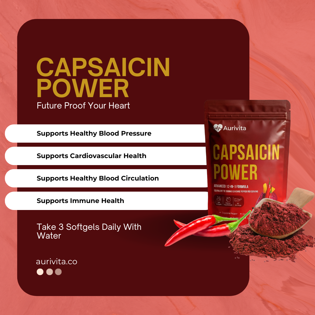 Aurivita Capsaicin Power supplement package with text on a red background