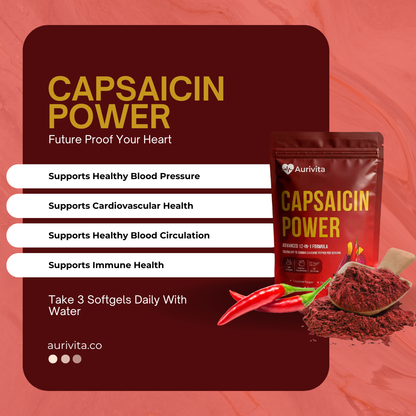 Aurivita Capsaicin Power supplement package with text on a red background