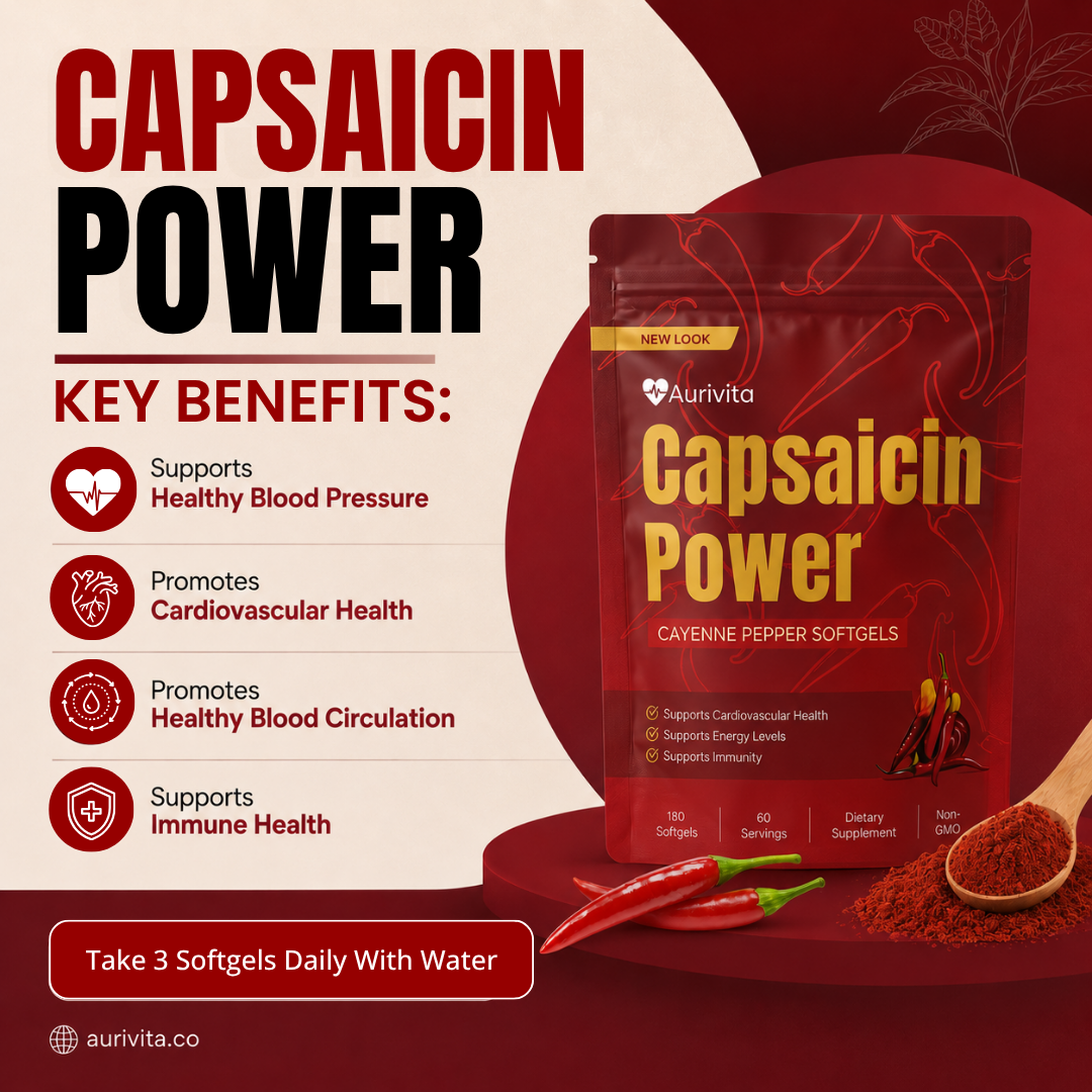 Aurivita Capsaicin Power supplement package with key benefits listed on a red background