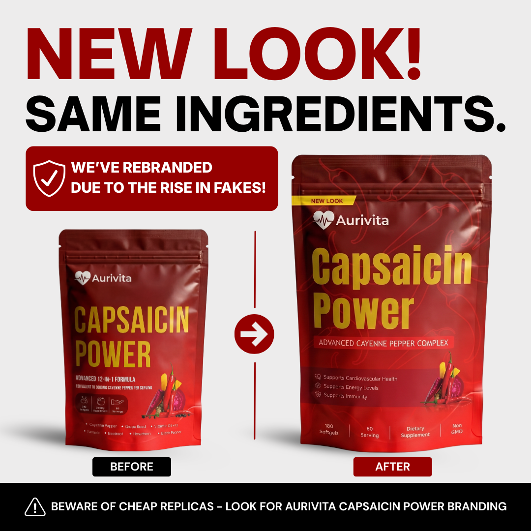 Aurivita Capsaicin Power packaging with branding change announcement on a white background